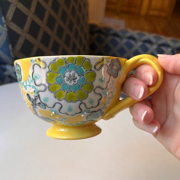 Anthropologie Elka Ayaka Footed Yellow Floral Mug Twisted Handle - Picture 11 of 14